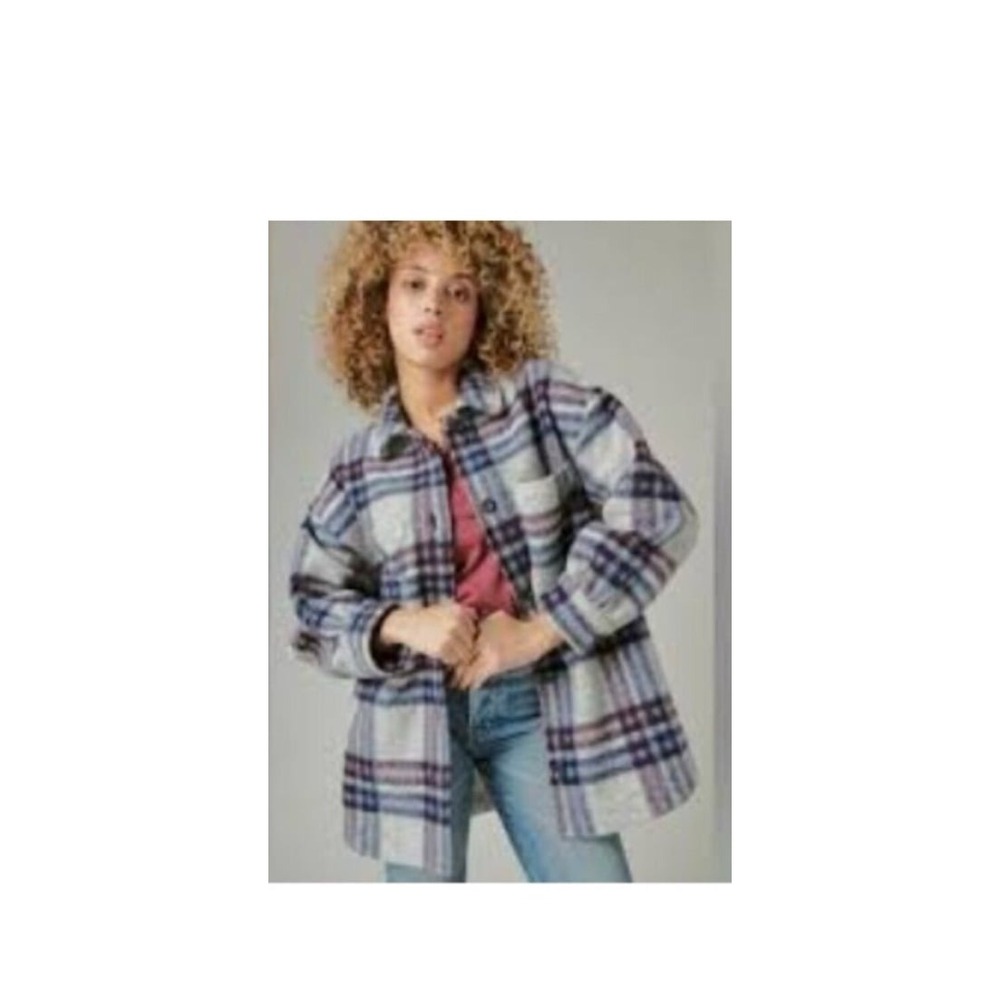 Lucky Brand Women's Blue Plaid Button Shirt Jacket Size Medium Oversized